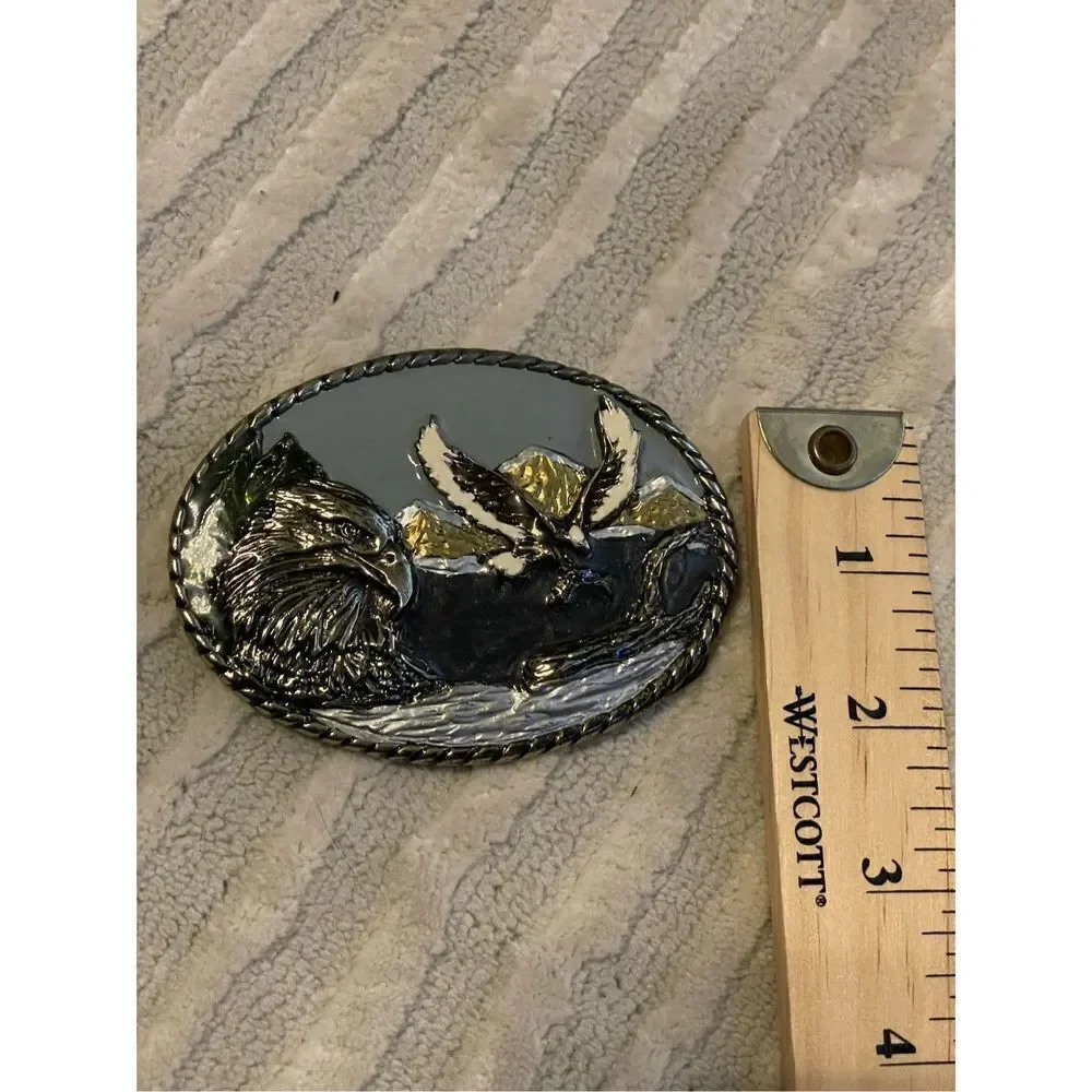 Vintage 1989 Intricate American Bald Eagle Belt Buckle Colorful Made in USA